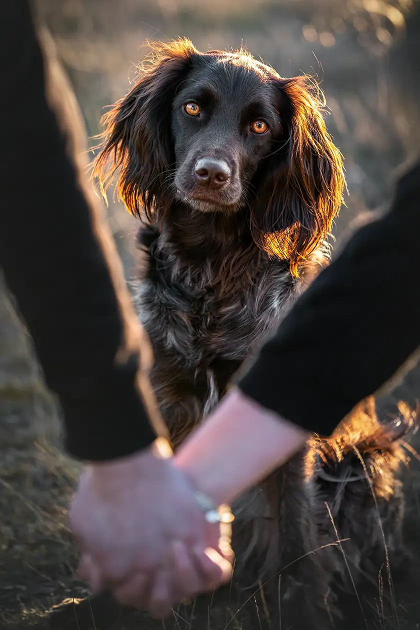 Münsterländer schaut durch Arme für ein Fotoshooting