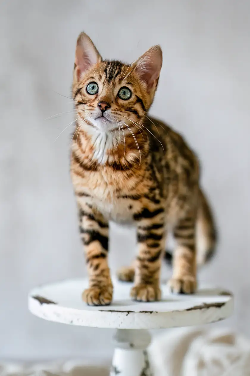 Bengalkitten steht auf einem kleinen runden Tischchen